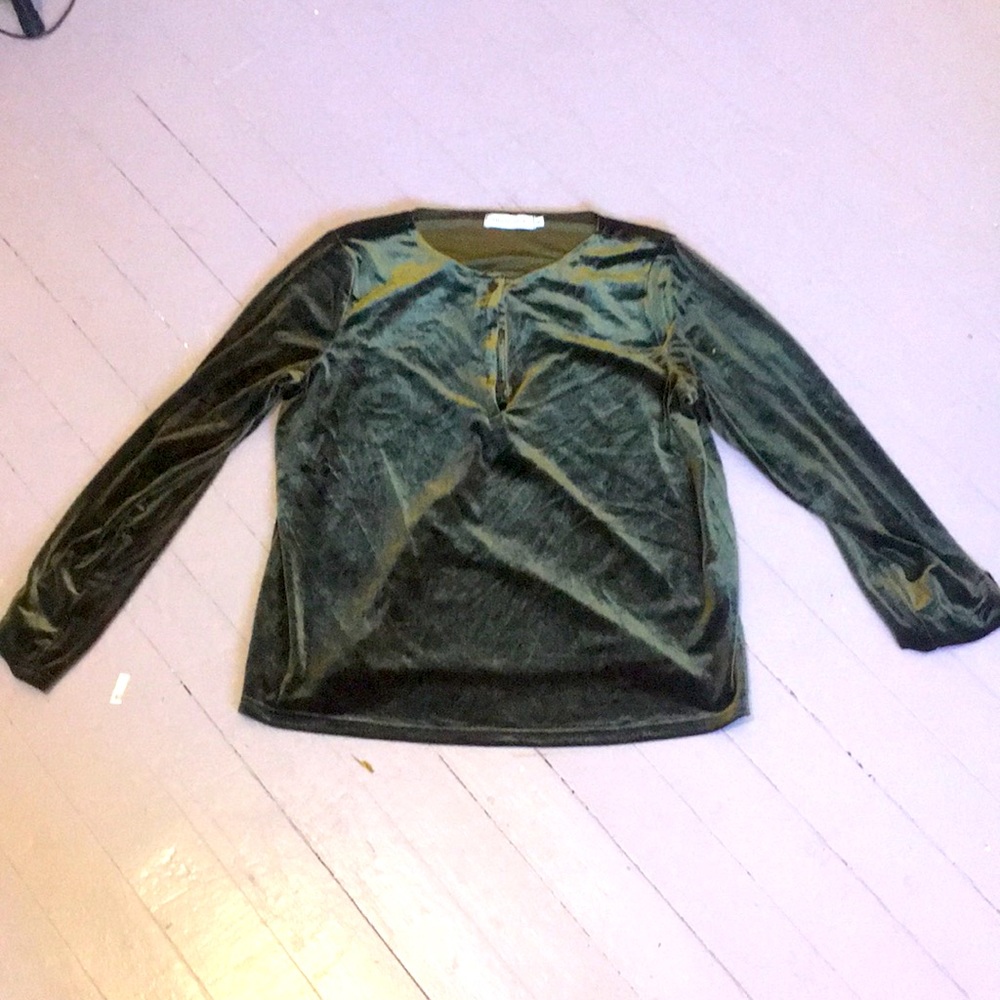 Dark shiny gray velvet long sleeve shirt.